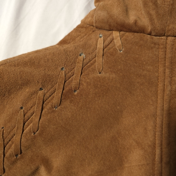 Vtg Synergy Leather Faux Shearling Hooded Coat Sueded Modacrylic Lined, Sz S - Picture 12 of 16